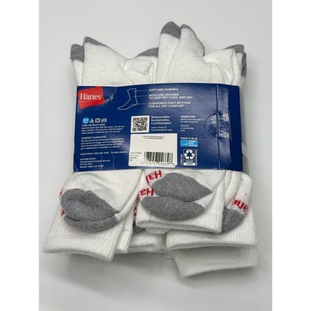 Hanes Mens 8 Pack Cushion Crew‎ Socks White Grey Size 6-12 Soft Durable